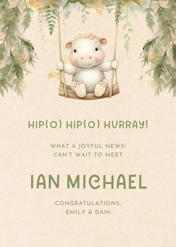 Hippo hurray - baby shower & new baby card