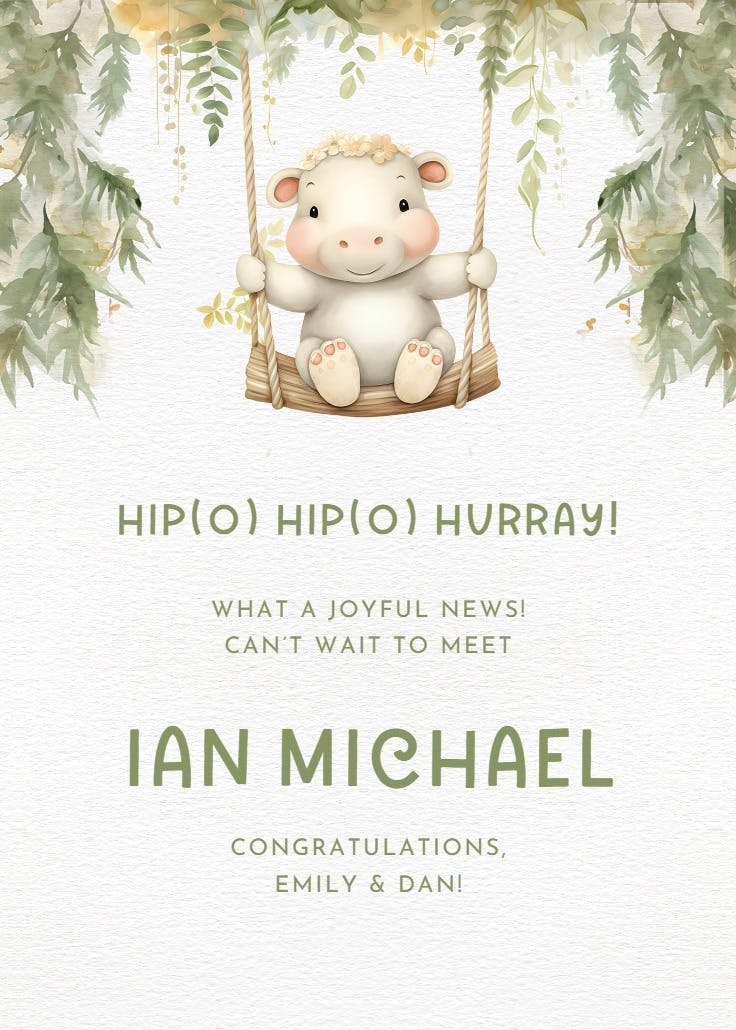 Hippo hurray - baby shower & new baby card