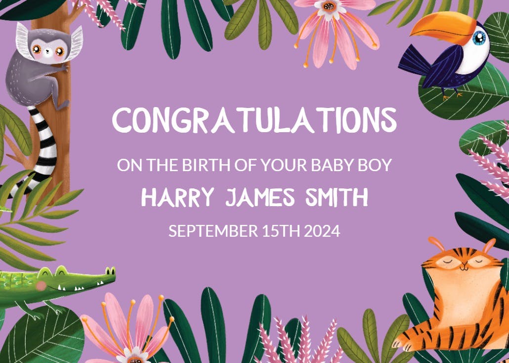 Jungle animals - baby shower & new baby card