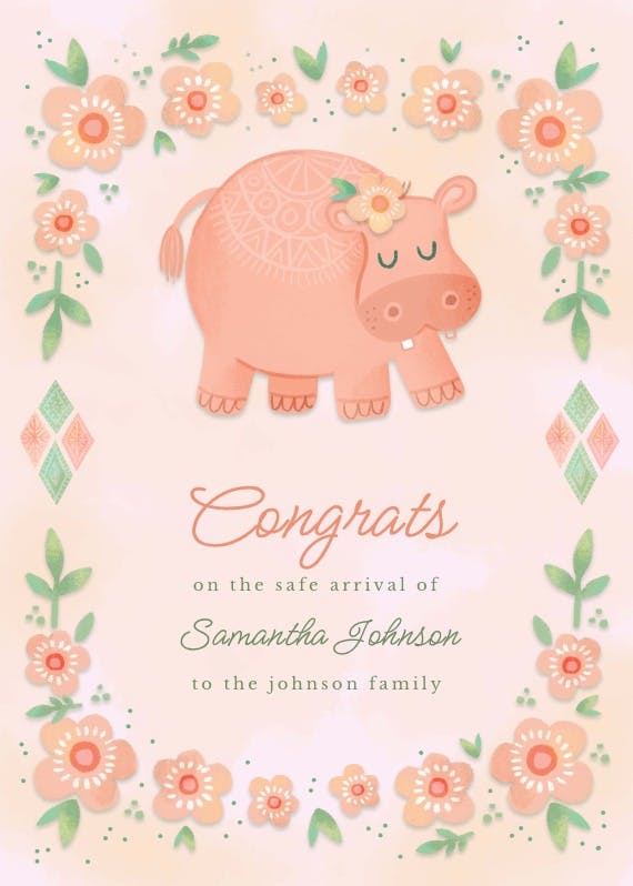 Pink hippo - baby shower & new baby card