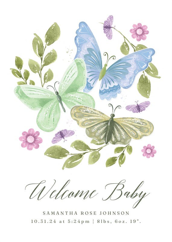 Spring butterflies - tarjeta de recién nacido