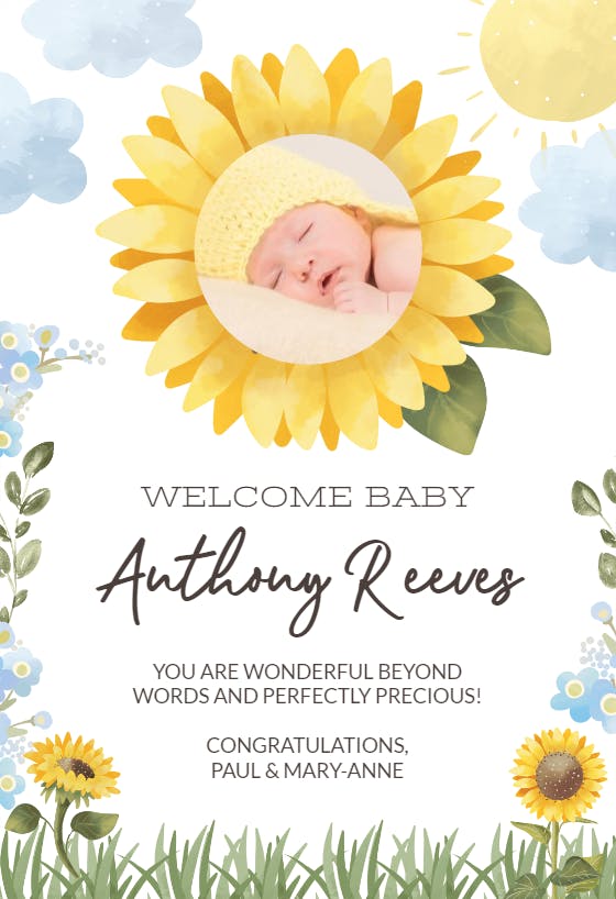 Sunflower photo frame -  baby shower & new baby card