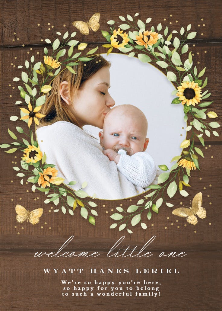 Sunflower wreath with butterflies - baby shower & new baby card