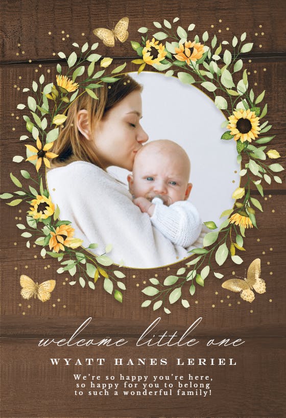 Sunflower wreath with butterflies -  baby shower & new baby card