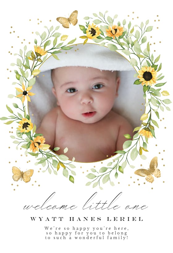 Sunflower wreath with butterflies - baby shower & new baby card