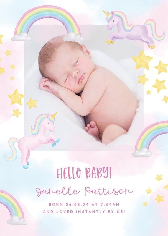 Unicorn and rainbow party -  baby shower & new baby card
