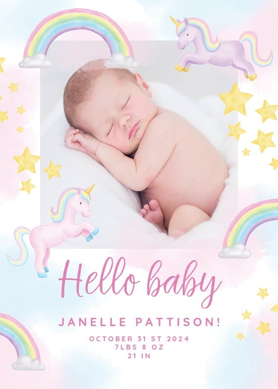 Unicorn and rainbow party -  baby shower & new baby card