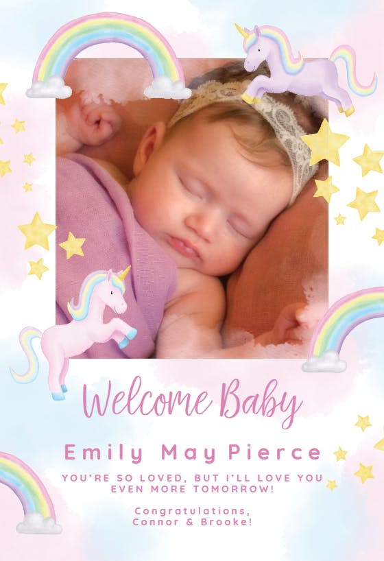 Unicorn and rainbow party -  tarjeta de recién nacido