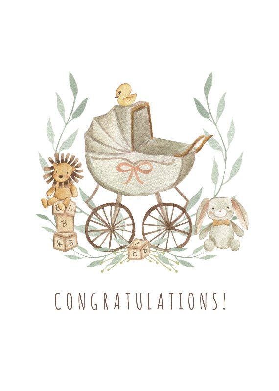 Watercolor stroller -  baby shower & new baby card