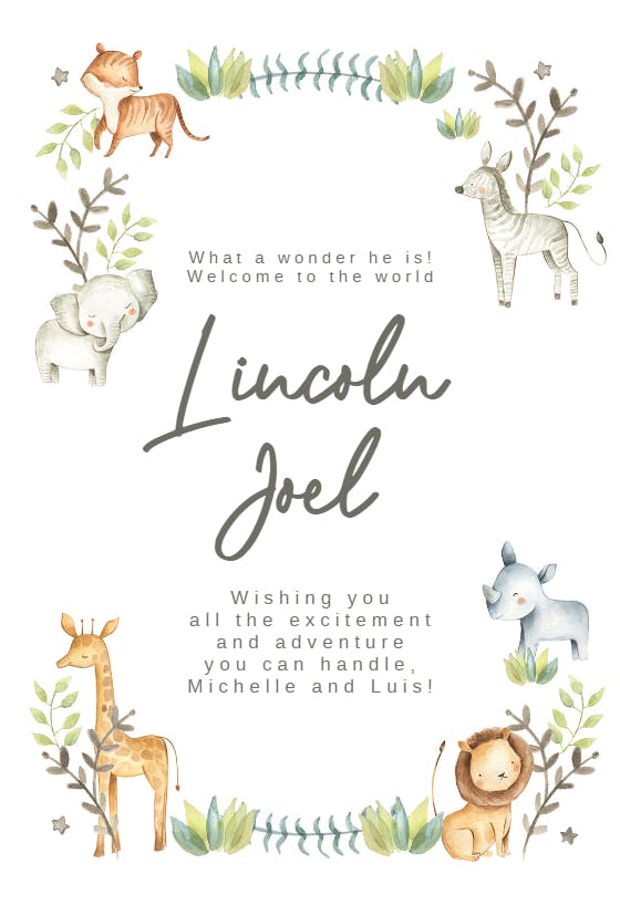 Watercolor wildlife -  baby shower & new baby card