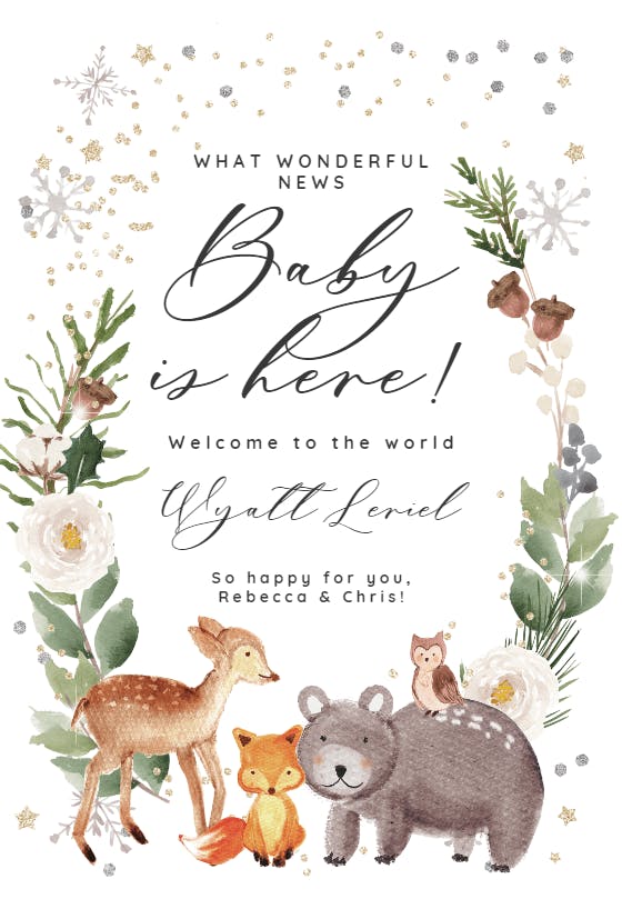 Winter floral woodland -  baby shower & new baby card