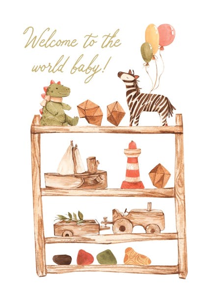 Wooden shelves with toys - baby shower & new baby card