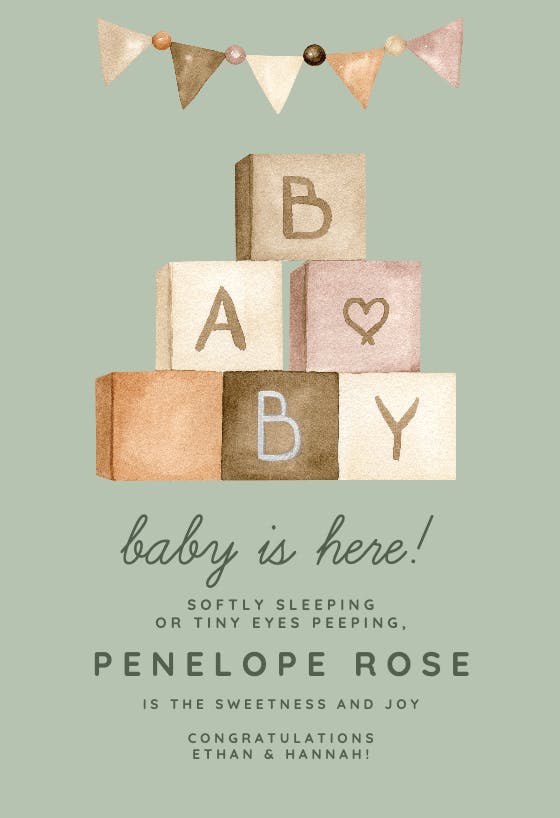 Wooden toy blocks -  baby shower & new baby card