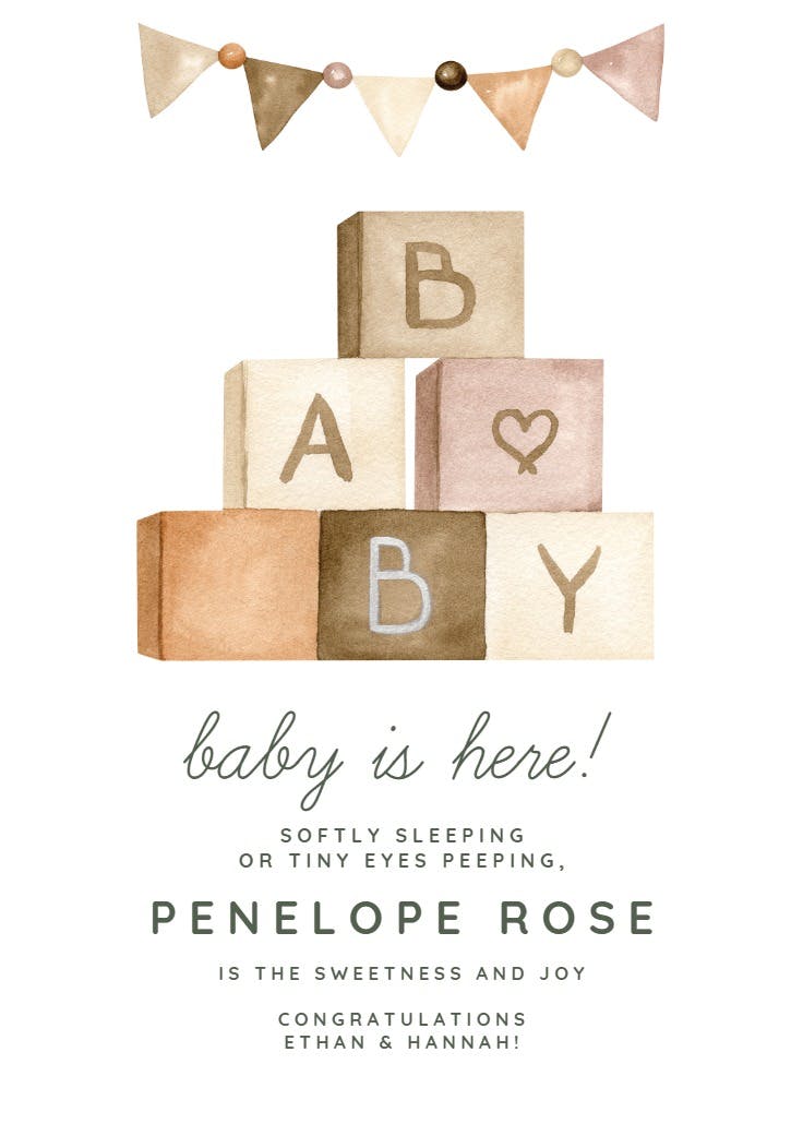 Wooden toy blocks - baby shower & new baby card