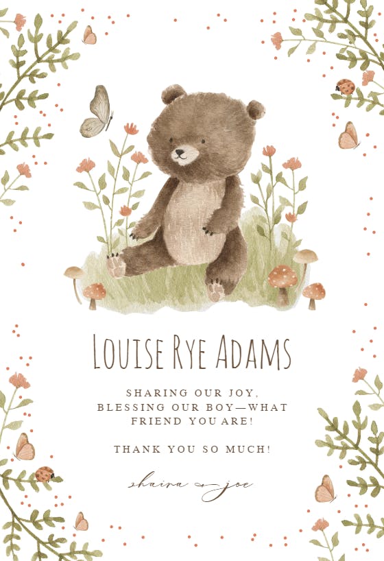 Happy little bear - baby shower thank you card