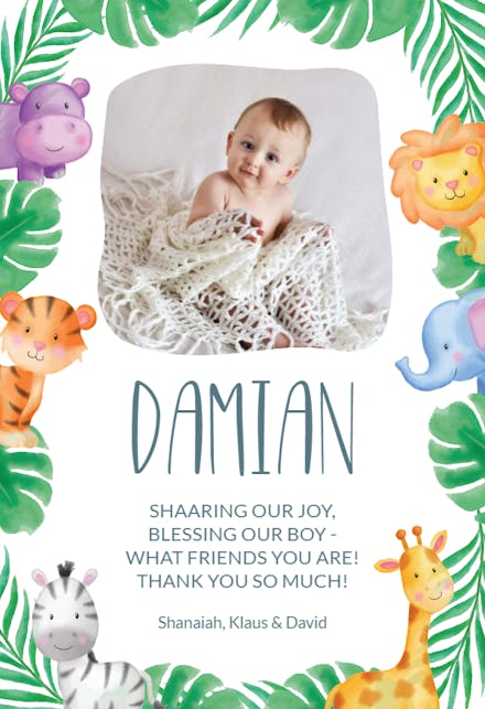 Jungle Animals - Tarjetas De Agradecimiento Por La Bienvenida Natal