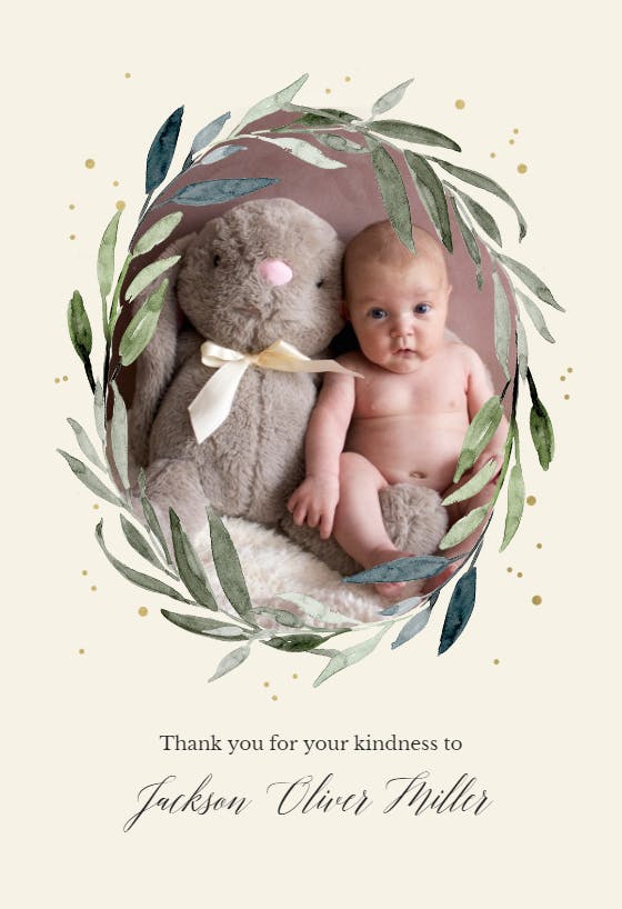 Olive leaves wreath - baby shower thank you card