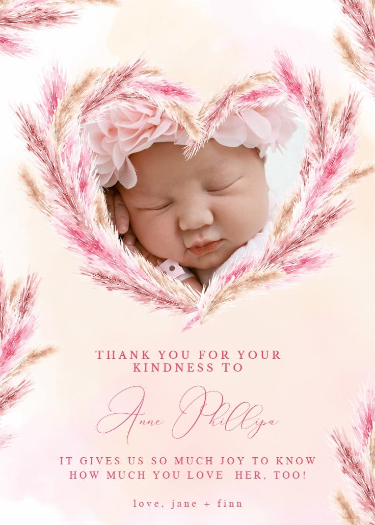 Pampas heart frame - baby shower thank you card