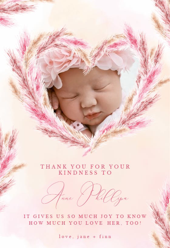 Pampas heart frame - baby shower thank you card