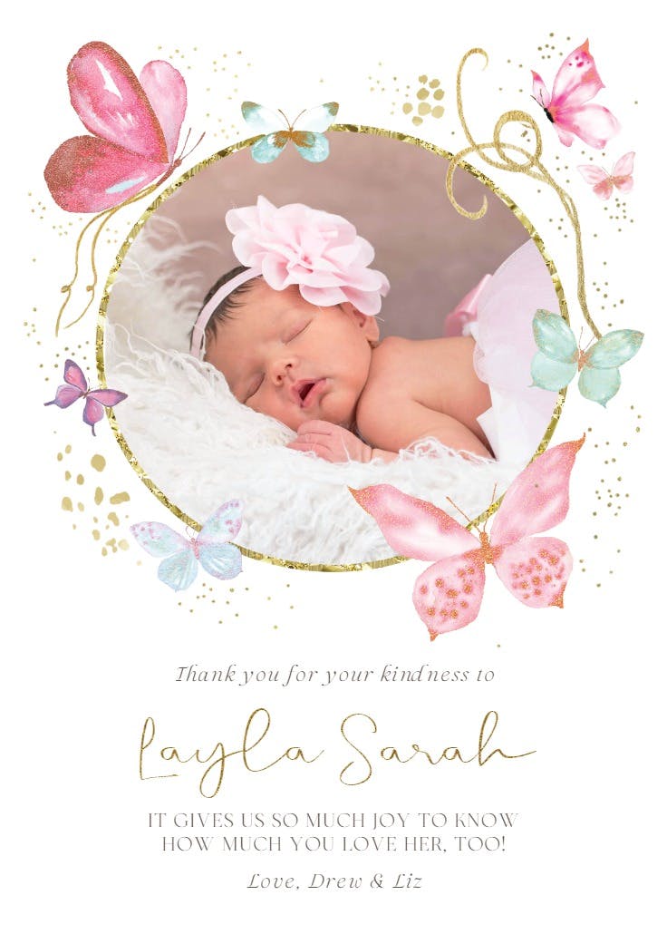 Pink flutters - baby shower thank you card