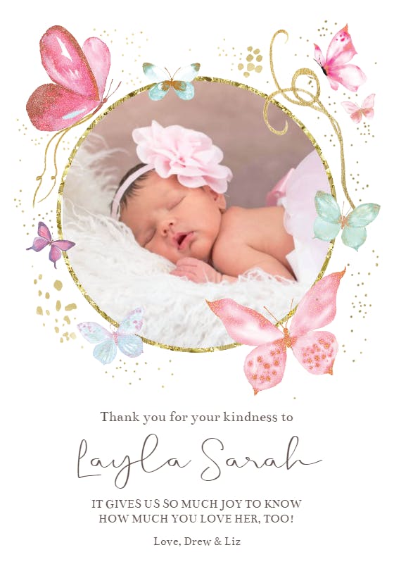 Pink flutters - baby shower thank you card