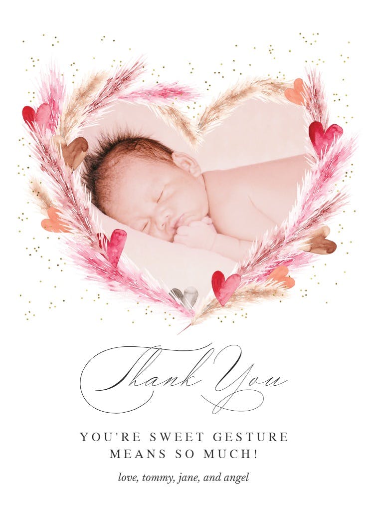 Pink heart pampas - baby shower thank you card