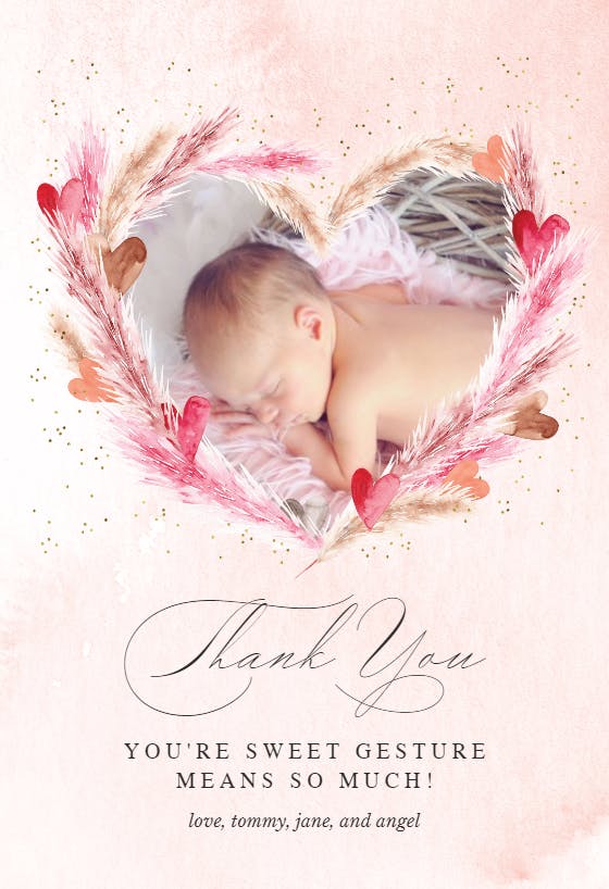 Pink heart pampas - baby shower thank you card