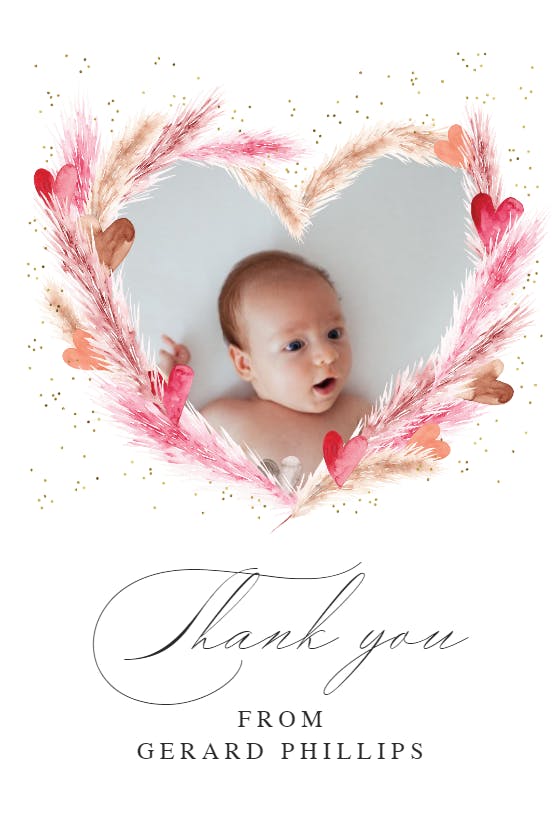 Pink pampas with hearts - baby shower thank you card