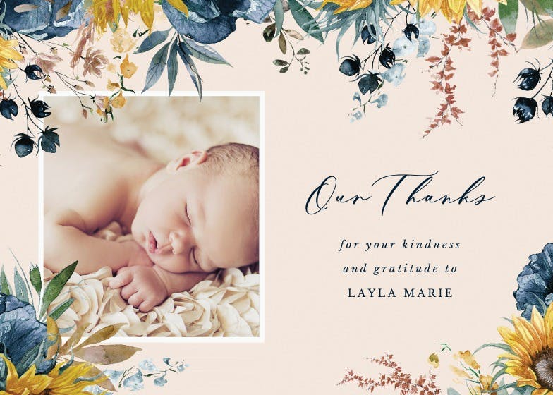 Sunflower and blue - baby shower thank you card