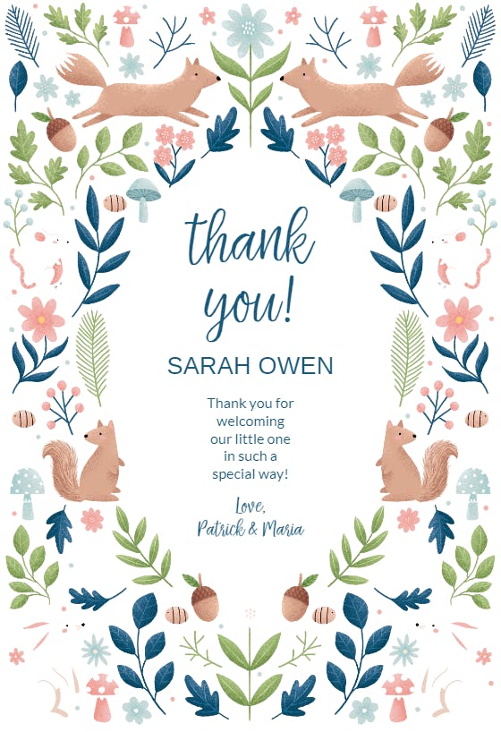 Sweet squirrels - baby shower thank you card