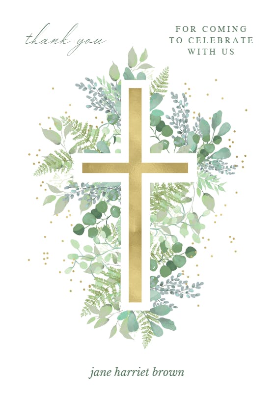 Cross with sage green - baptism thank you card
