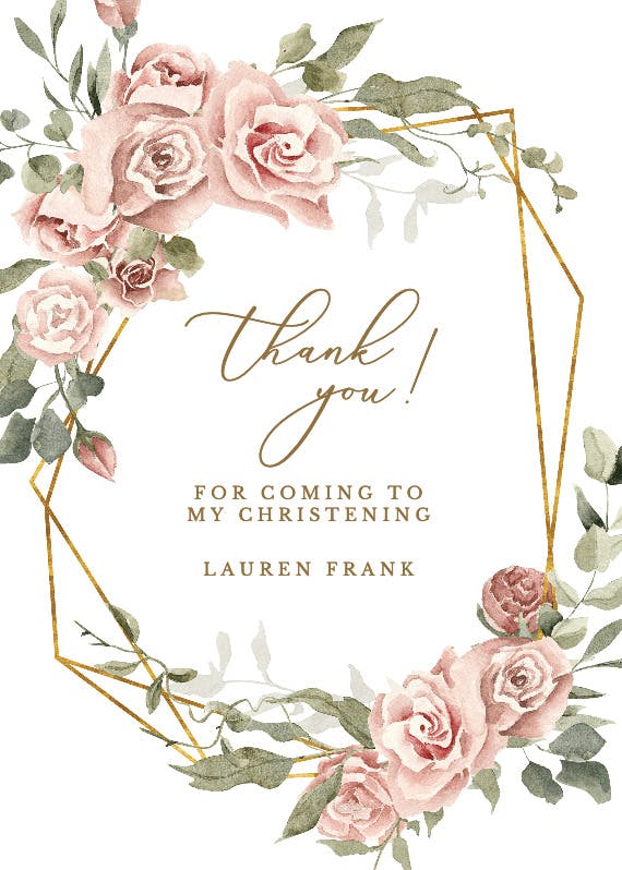 Dusty pink rose gold border - baptism thank you card