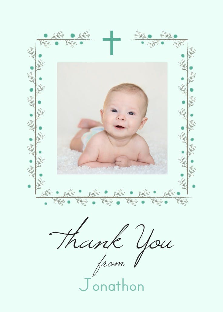 Green floral frame - baptism thank you card