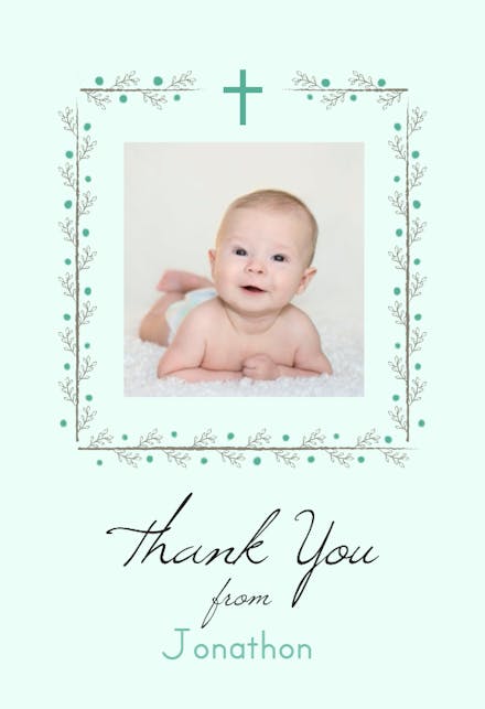 Green floral frame - baptism thank you card
