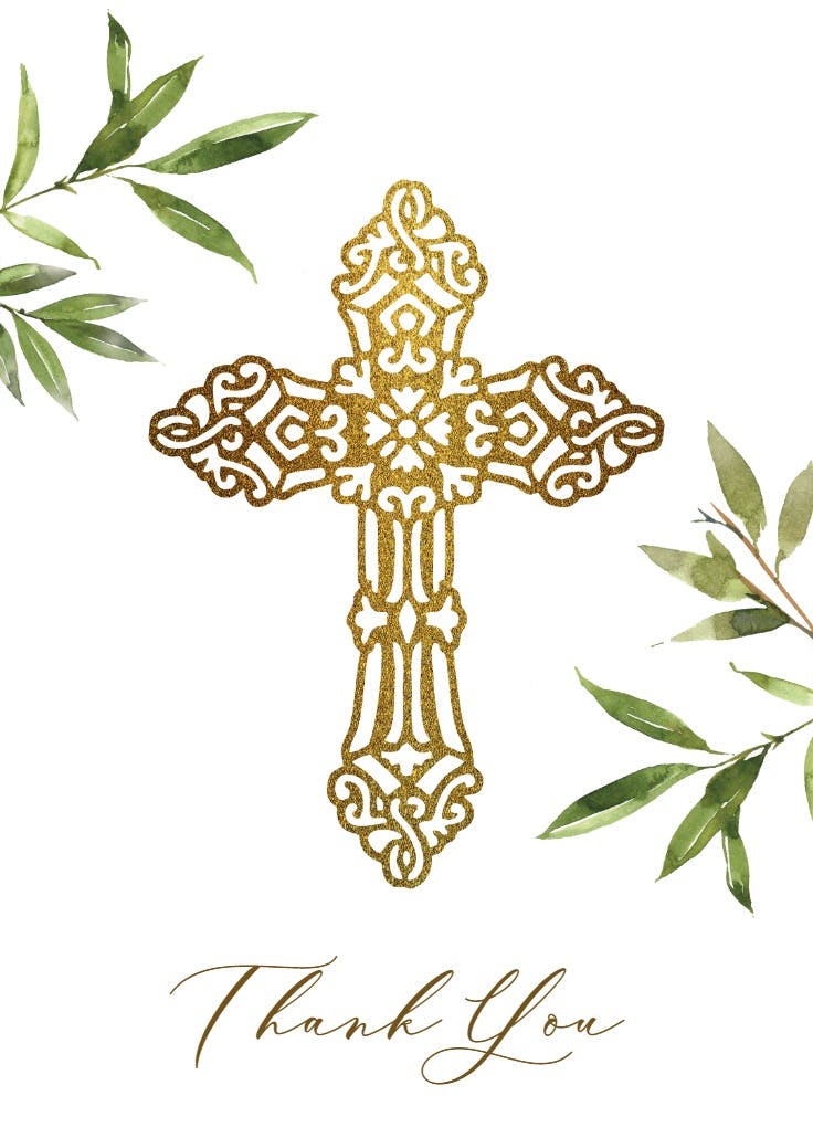 Greenery gold cross - baptism thank you card