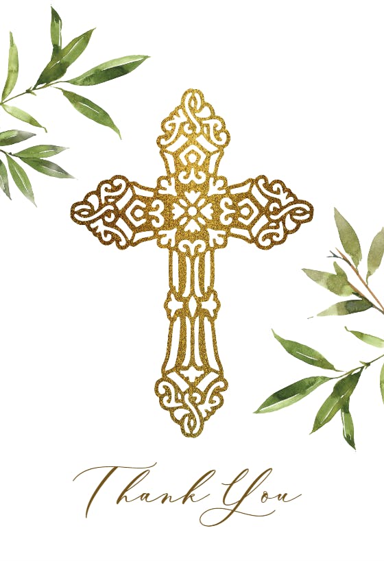 Greenery gold cross -  tarjeta de agradecimiento por el bautizo