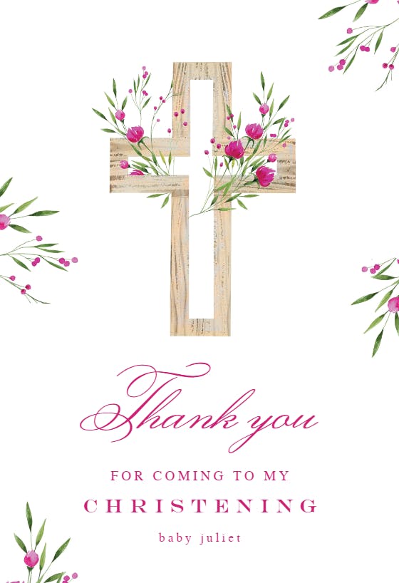 Magenta floral cross - baptism thank you card