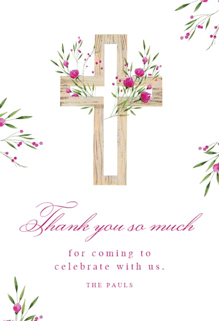 Magenta flower cross - Baptism Thank You Card