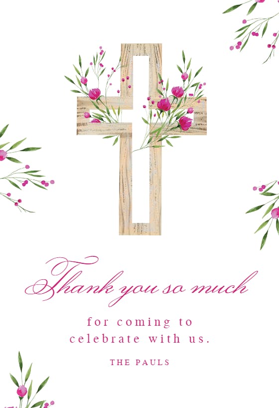 Magenta flower cross - baptism thank you card