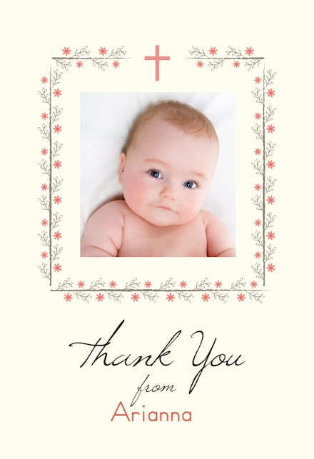 Red floral frame - baptism thank you card
