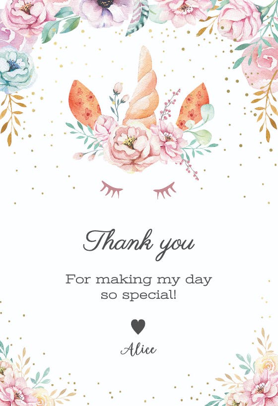 Floral bday unicorn - birthday thank you card