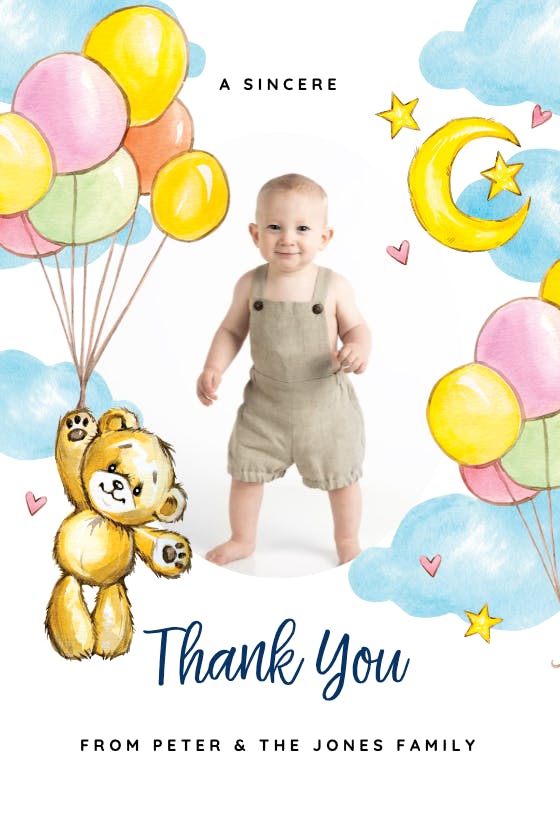 Happy teddy bear - baby shower thank you card