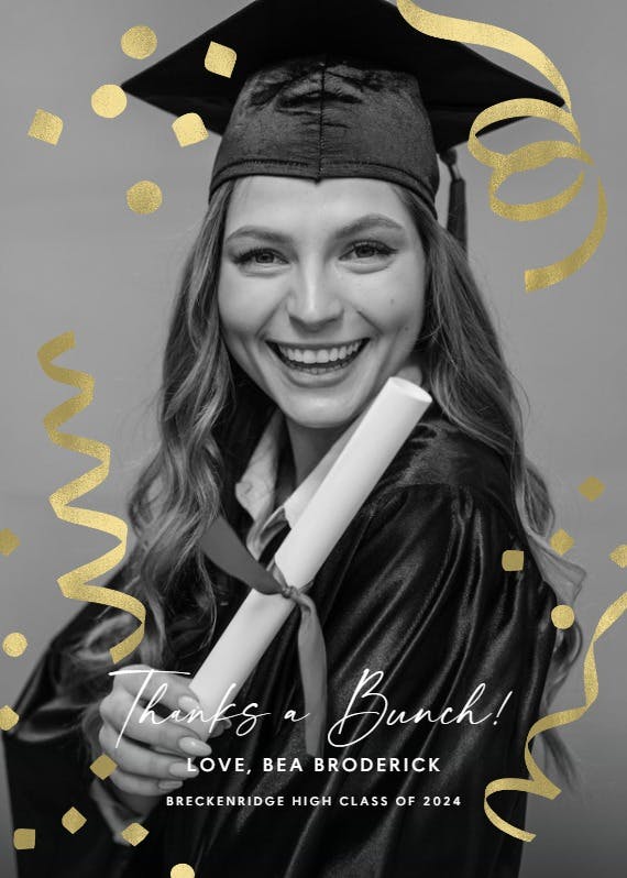 Whimsical gold ribbons -  free graduation thank you card