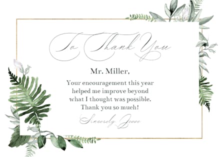 Feathery Ferns - Thank You Card For Teacher
