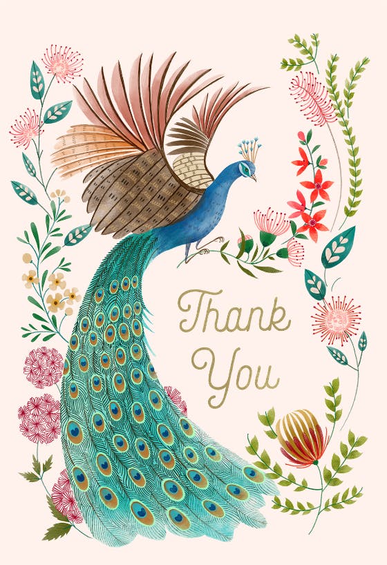 Peacock & flowers - thank you card