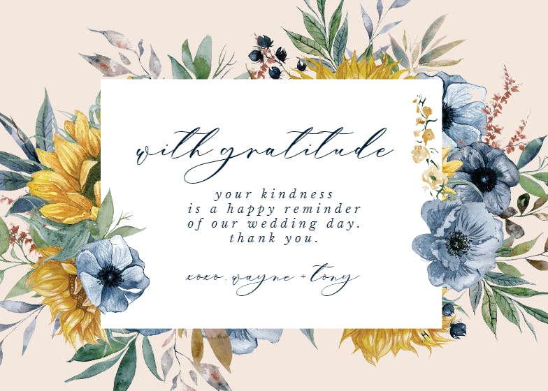 Sunflower and blues -  tarjeta de agradecimiento por la boda gratis