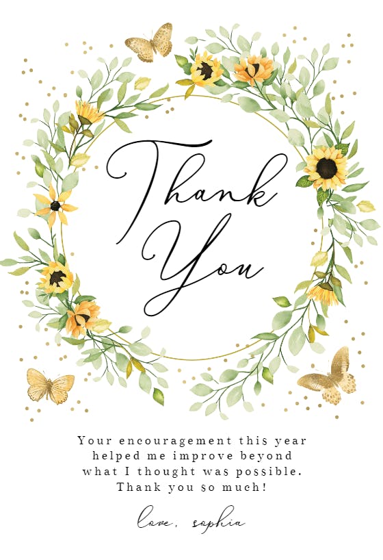 Sunflower wreath with butterflies - thank you card