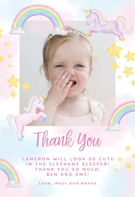 Unicorn and Rainbow Party - Birthday Thank You Card