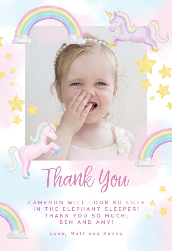 Unicorn and rainbow party - thank you card