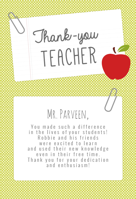 Clipped Note - Thank You Card For Teacher (Free) | Greetings Island